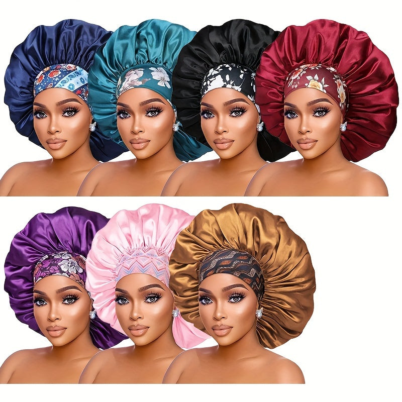 3pcs Satin Sleep Caps with Floral Print - Lightweight, Breathable Hair Protection for Long & Curly Hair, All-Season Comfort in Navy Blue, Teal Green, Black, Red, Purple, Pink & Golden